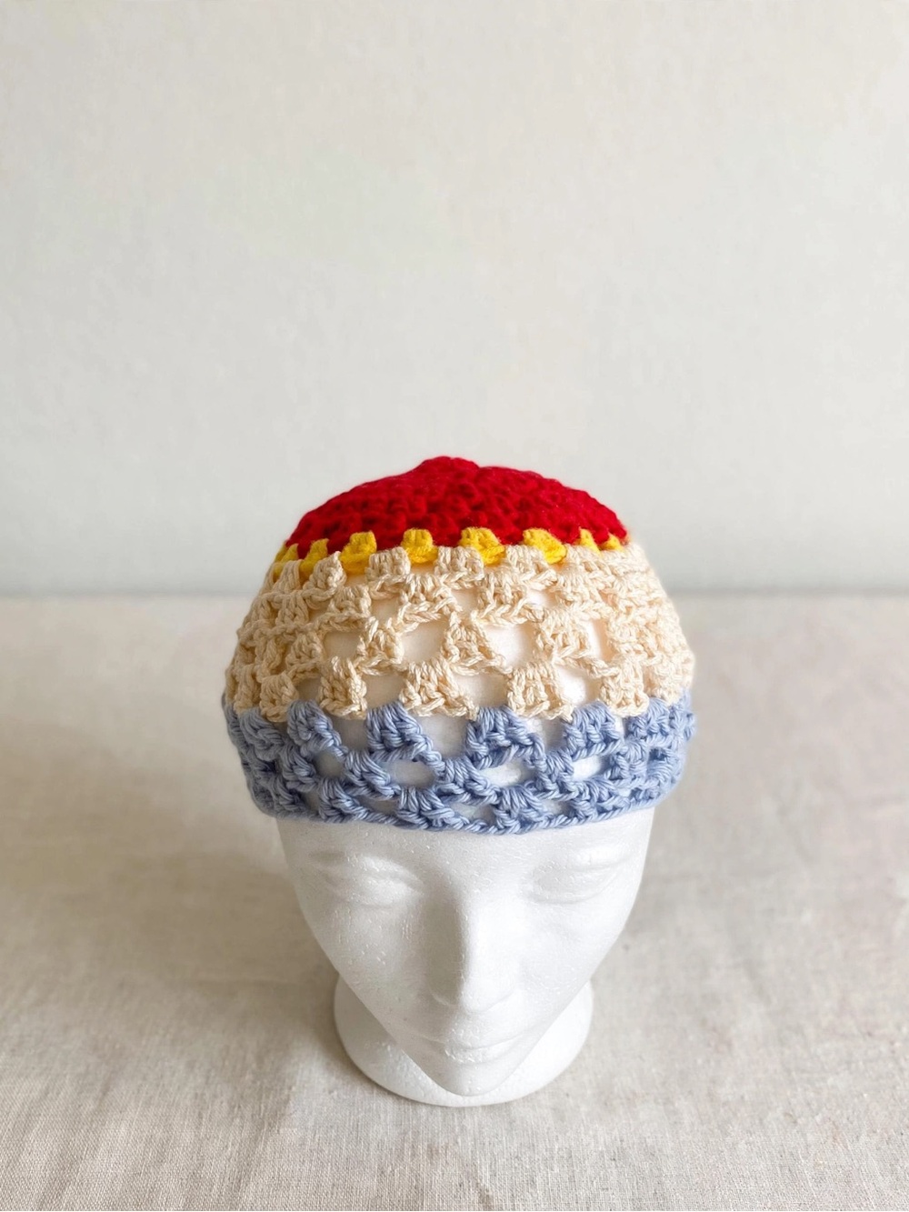 Handmade Kids Crochet Beanie - Red, Yellow, Cream & Blue